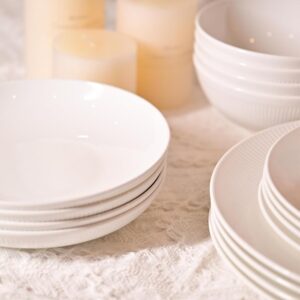 Dandilion Bone China Dinnerware Set, 16 Pieces, Service For 4, Plates, Dishes, Bowls Set, Microwave And Dishwasher Safe, Ivory White With Radial Lines