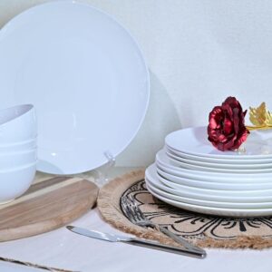 Jasmine Bone China Dinnerware Set, 16 Pieces, Service For 4, White Plates, Dishes, Bowls Set, Microwave And Dishwasher Safe