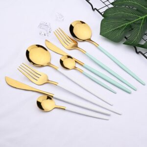 24PCs White Gold Dinnerware Set Stainless Steel Knife Fork