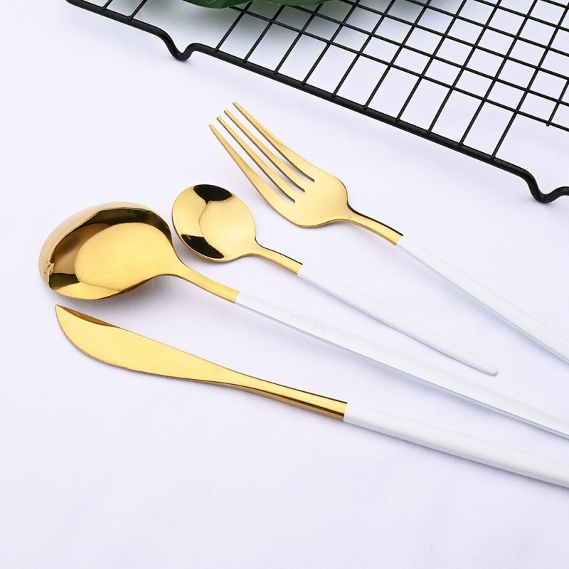 24PCs White Gold Dinnerware Set Stainless Steel Knife Fork - Image 3